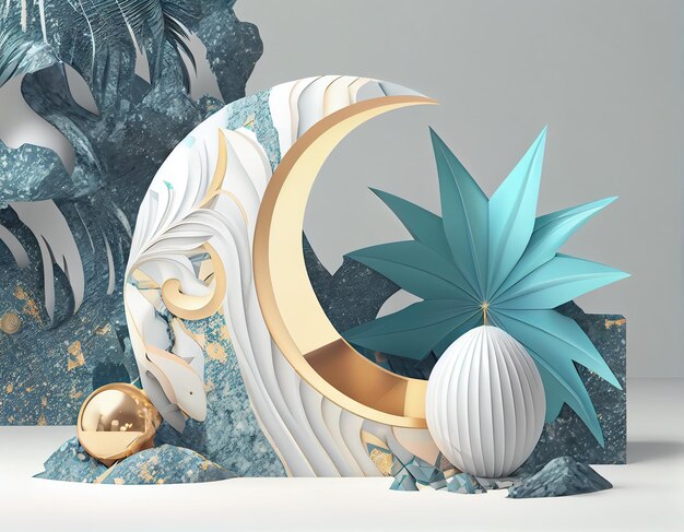 A paper cutout of a moon with a blue and gold leaf design generative ai