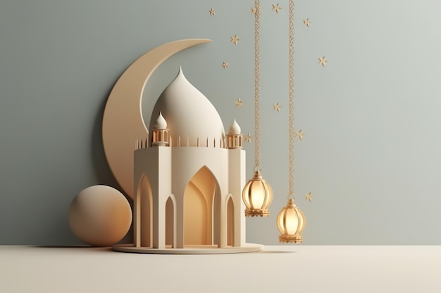 A paper cutout of a mosque and a crescent moon