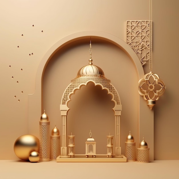 A paper cutout of a mosque with a golden ball in the background