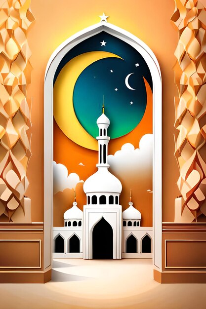 A paper cutout of a mosque with the moon and stars on it