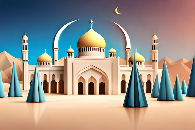 A paper cutout of a mosque with a moon and stars