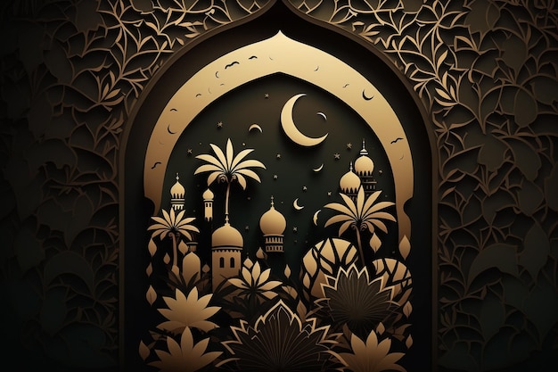 A paper cutout of a mosque with a moon and stars.