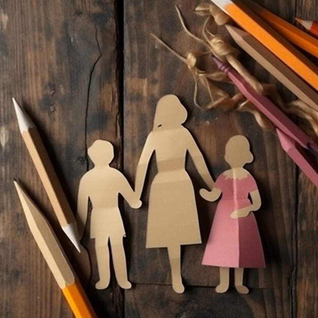 A paper cutout of a mother and her child with pencils and a pencil.