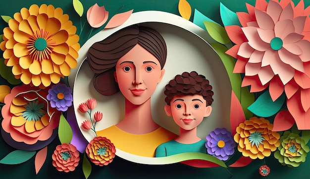 A paper cutout of a mother and son with flowers around them