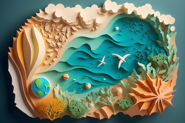 Paper cutout of a ocean with a sea and the sun and the earth.