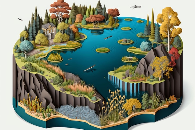 A paper cutout of a river with a blue lake and trees on it.