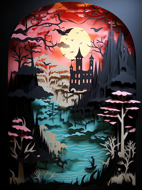 Paper cutout scene Fantasy fairy tales landscape dark background