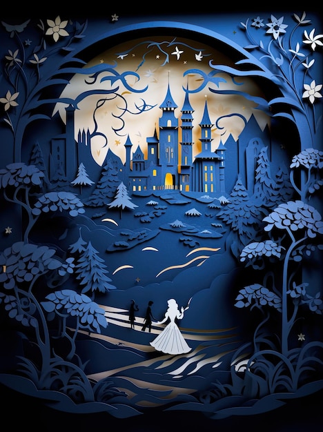 Paper cutout scene Fantasy fairy tales landscape dark background