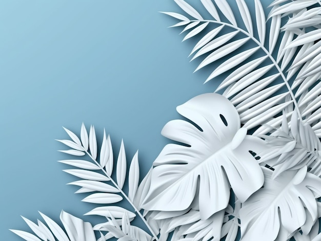 Paper cutout of a tropical plant with leaves on a blue background.