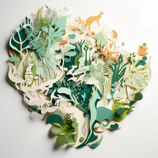 Paper Cutouts in Flowing Organic Pattern of Plants and Animals Emphasizing Environmental Protection