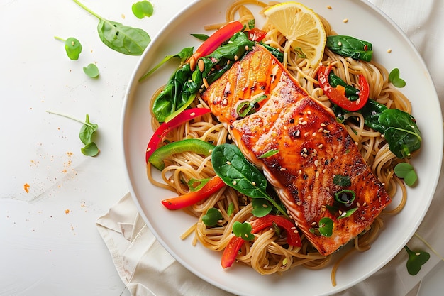 Photo a paper dish features asianstyle miso fish with ginger noodles and vegetables generative ai