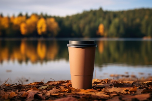 湖と山の背景の木製のテーブル上の紙の使い捨てコーヒーカップモックアップ