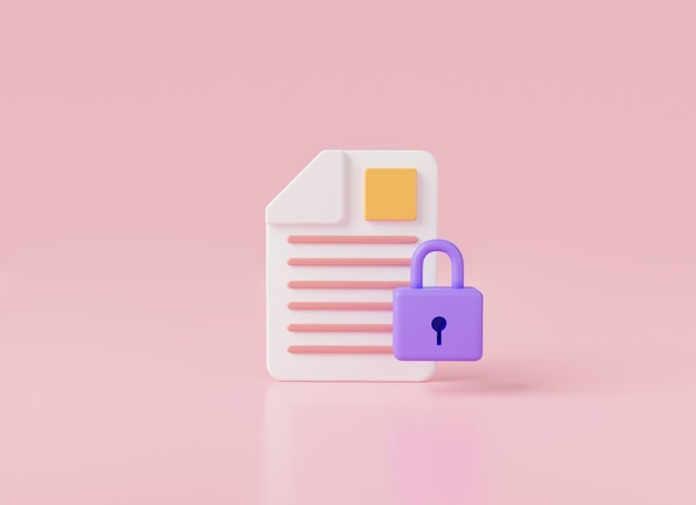 Paper documents icon with padlock document management Modern private file safe confidential information lock file Text file lock text document Data security concept3D rendering illustration