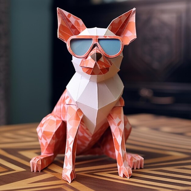 A paper dog with sunglasses on it is sitting on a table.