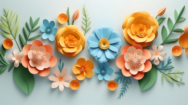 Paper elegant flowers and leaves floral origami back