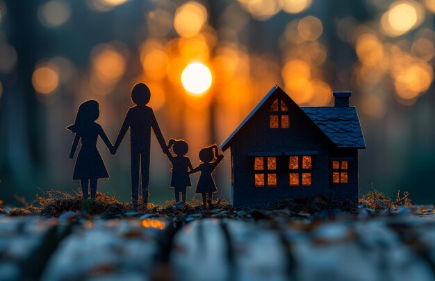 종이 가족은 해가 지는 동안 집 근처에 서 있습니다.