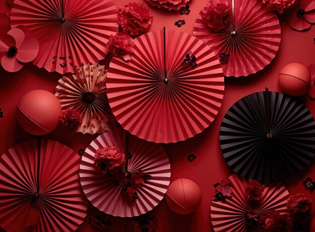 paper fans and lanterns in the colors of chinese new year
