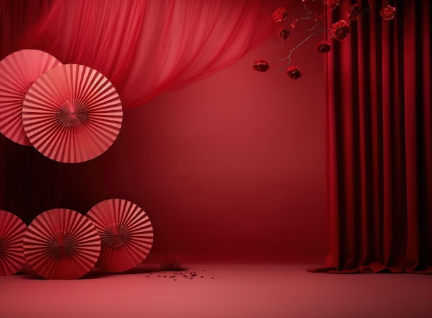 Photo paper fans and lanterns in the colors of chinese new year