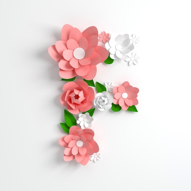 Paper flower alphabet letter F 3d render Pastel colored flowers in modern paper art origami style