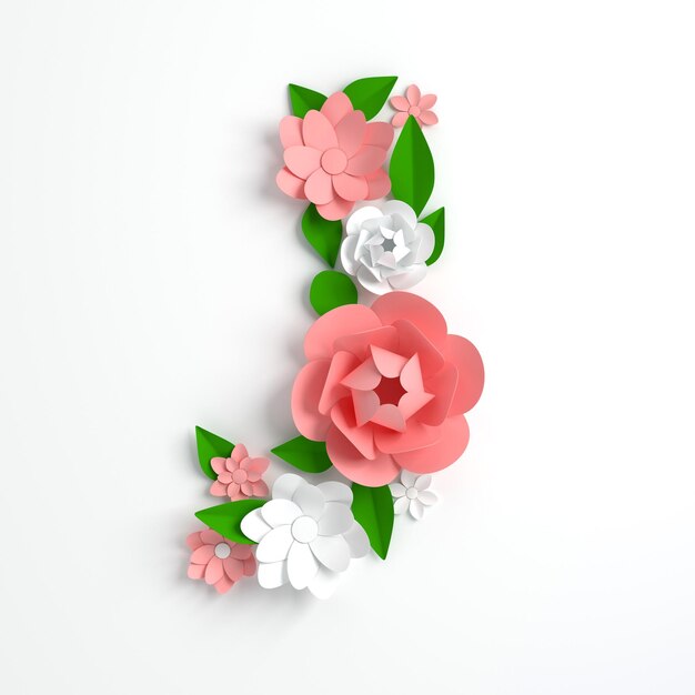 Paper flower alphabet letter J 3d render Pastel colored flowers in modern paper art origami style