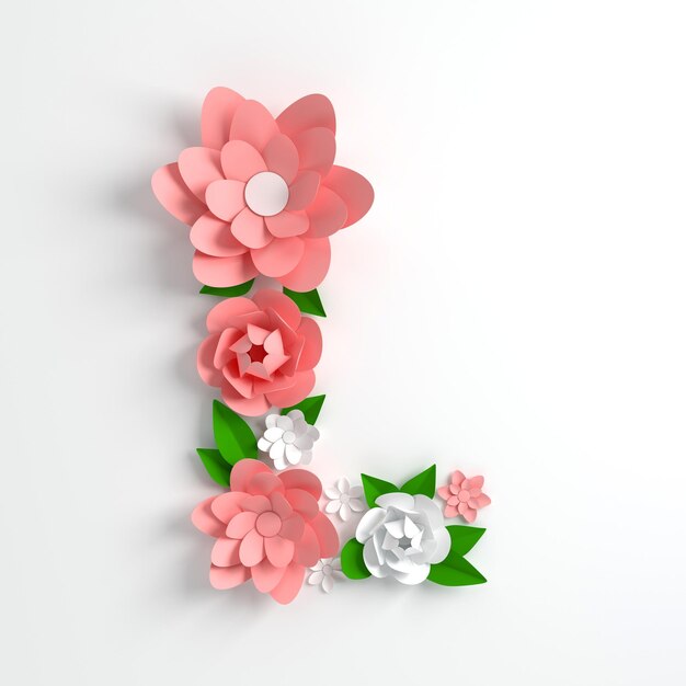 Paper flower alphabet letter l 3d render pastel colored flowers in modern paper art origami style