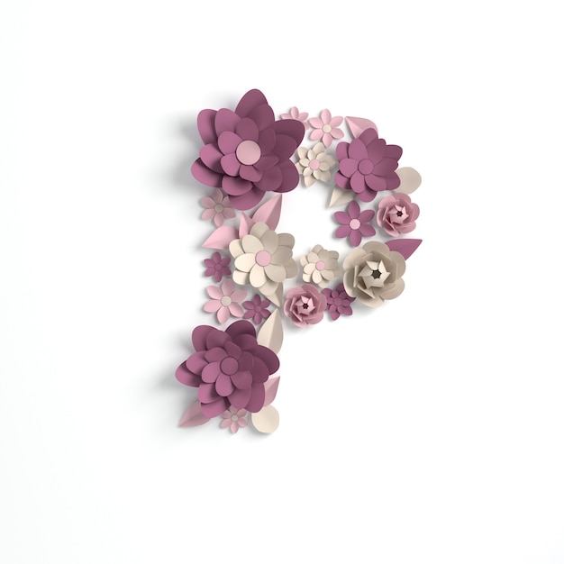 Paper flower alphabet letter P 3d render