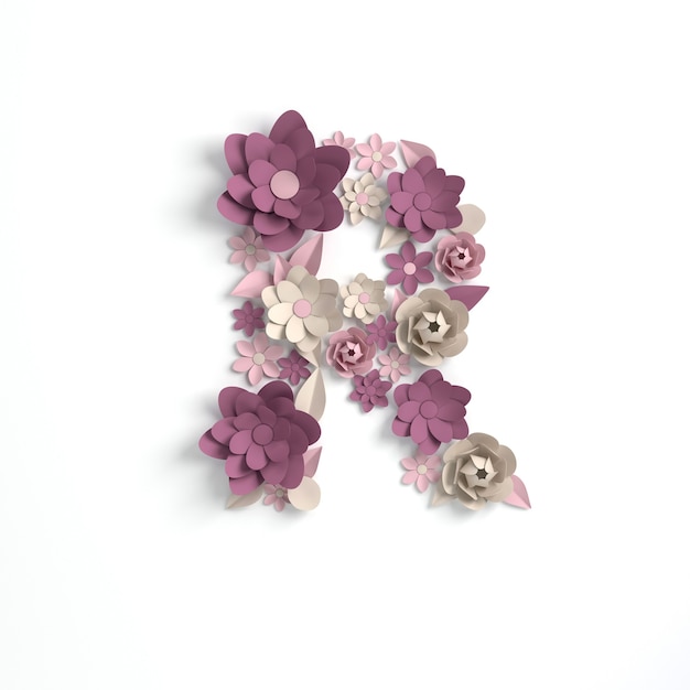 Paper flower alphabet letter R 3d render