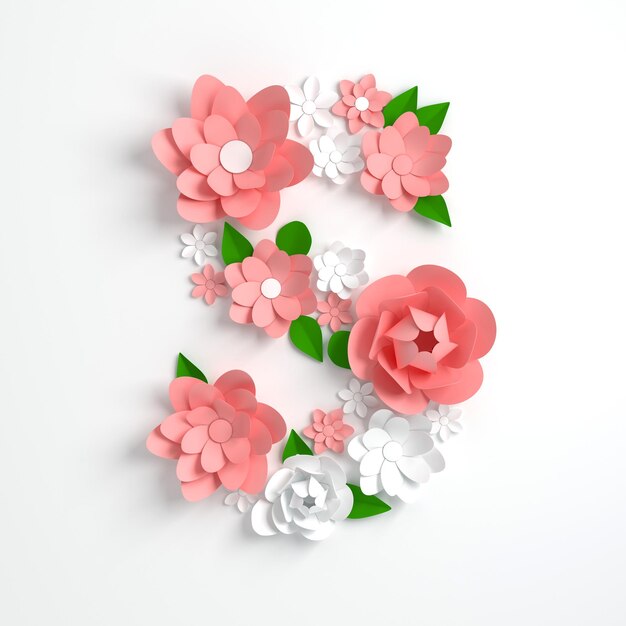 Paper flower alphabet letter S 3d render Pastel colored flowers in modern paper art origami style