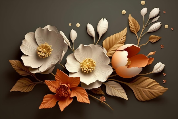 A paper flower arrangement with flowers and leaves