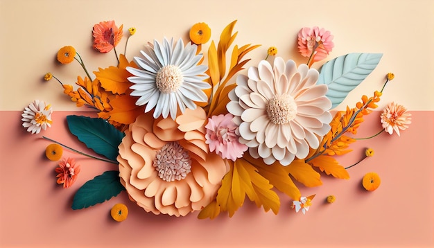 A paper flower arrangement with flowers on a peach background.