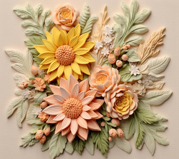 A paper flower arrangement with leaves and flowers on it.