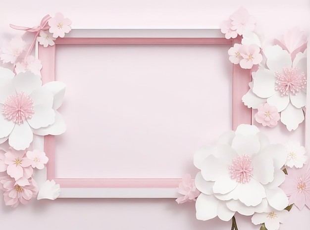 Paper flower in delicate pastel colors on a white background sakura frame with white pink flowers