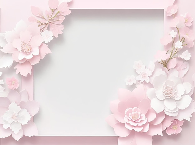 Paper flower in delicate pastel colors on a white background sakura frame with white pink flowers