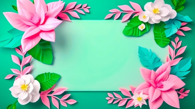 Paper flower frame on green background Generative AI