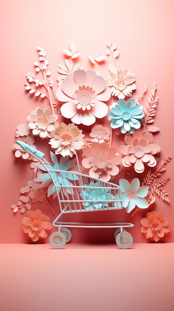Photo paper flower shopping trolley copy space generative ai