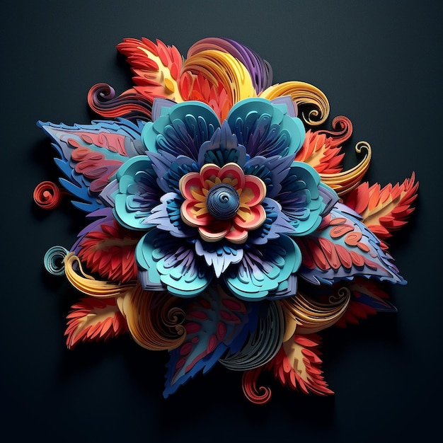 A paper flower with a blue and orange center.