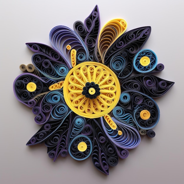 A paper flower with yellow and blue swirls and the word flower on it.