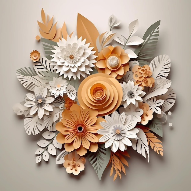 Paper flowers are on a beige background and the word flower is on the top.