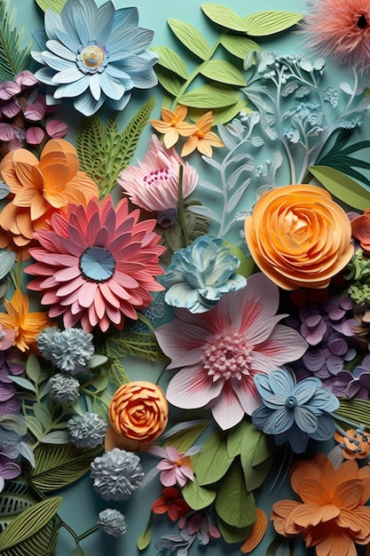 Paper flowers are in a collage.