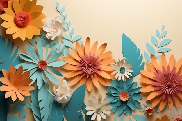 Paper flowers are cut into a wall.