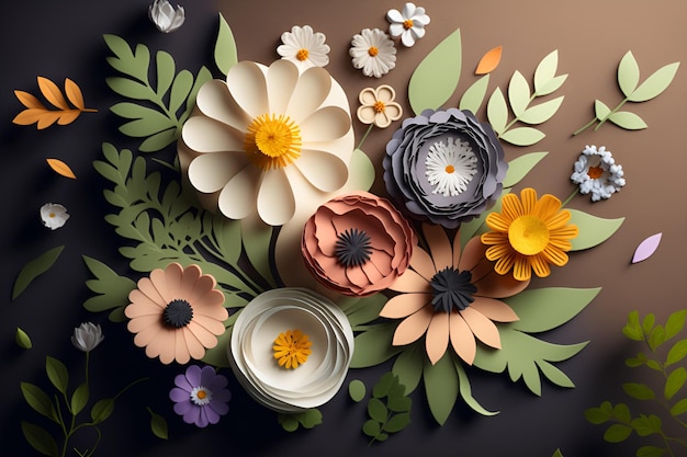 Paper flowers are displayed on a brown background.