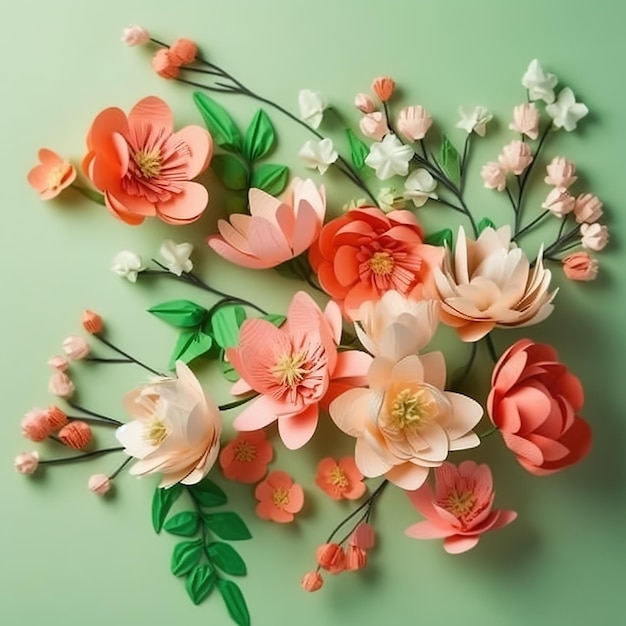 Paper flowers are displayed on a green background.