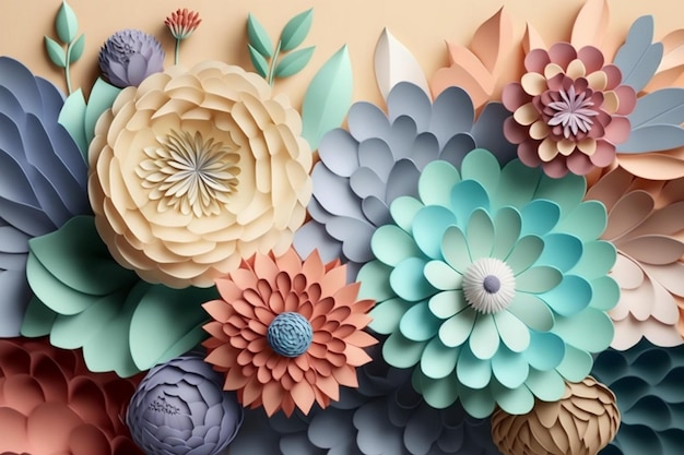 Paper flowers are displayed on a wall.