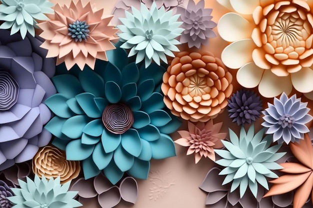 Paper flowers are displayed on a wall.