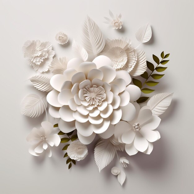 Paper flowers are displayed on a white background.