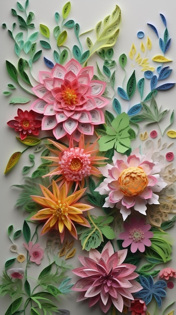 Paper flowers are made by the artist.