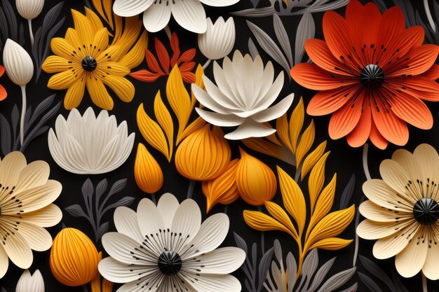 Paper flowers on a black background with orange yellow and white flowers