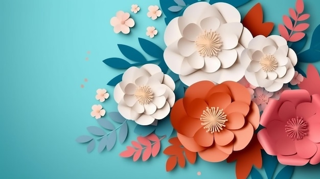 Paper flowers on a blue background