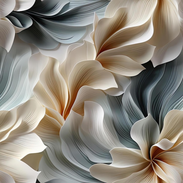 Paper flowers in blue brown and khaki with futuristic chromatic waves background tiled