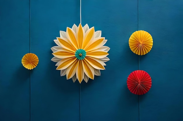 Paper flowers on a blue wall
